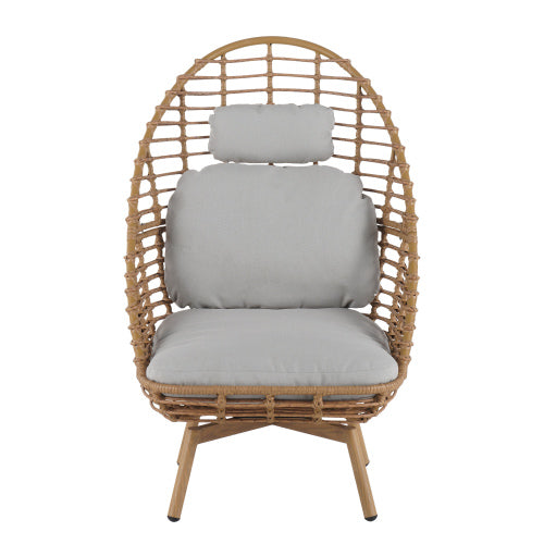 Ellis Outdoor Wicker High-back Swivel Lounge Chair, Teak Finished Leg, Light Brown Faux Rattan and Beige Cushion