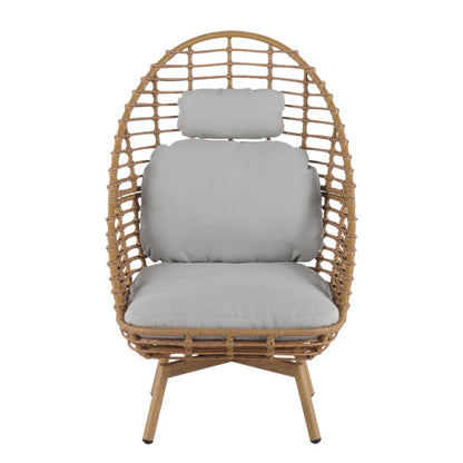 Ellis Outdoor Wicker High-back Swivel Lounge Chair, Teak Finished Leg, Light Brown Faux Rattan and Beige Cushion