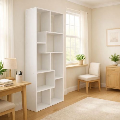 White 5-Tier Asymmetrical Staggered Display Bookshelf, Modern Geometric Space-Saving Home Storage Rack