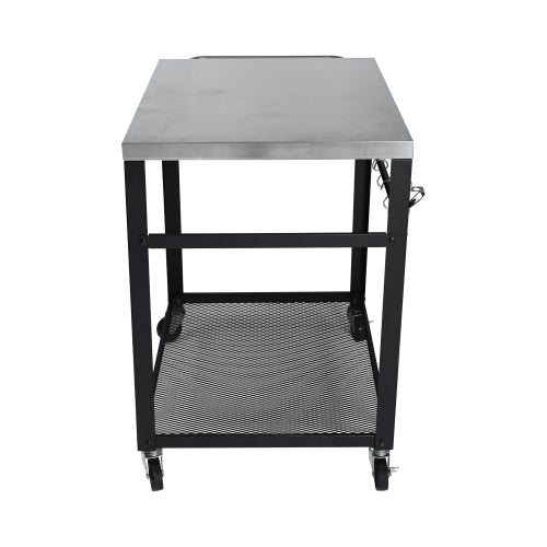 2-Tier Outdoor Grill Cart with Stainless Steel Top, Locking Wheels & Tool Hooks, Movable BBQ Prep Table with Mesh Shelf, Rolling Serving Bar Cart for Patio, Backyard, Pizza Oven Stand, Black