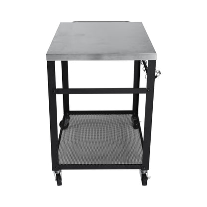 2-Tier Outdoor Grill Cart with Stainless Steel Top, Locking Wheels & Tool Hooks, Movable BBQ Prep Table with Mesh Shelf, Rolling Serving Bar Cart for Patio, Backyard, Pizza Oven Stand, Black