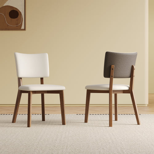 Mid-Century Wood Dining Chairs with PU Upholstery, Set of 2, White/Deep Walnut