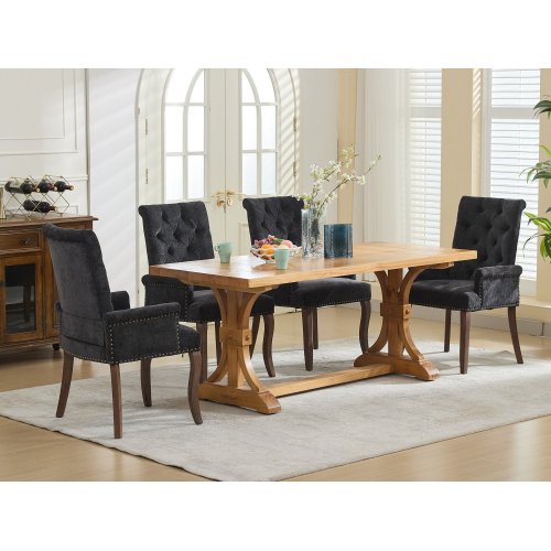 Upholstered Chenille Arm Dining Chair, Tufted Accent Chair with Curved Solid Wood Legs, Black, Single Pack