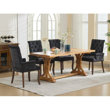 Upholstered Chenille Arm Dining Chair, Tufted Accent Chair with Curved Solid Wood Legs, Black, Single Pack
