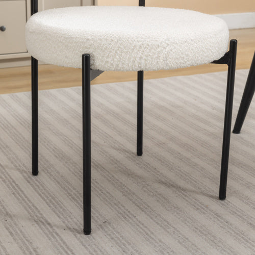 2-Piece  Modern Round Boucle Dining Chairs, White Boucle Upholstered Side Chairs with Matte Black Iron Legs for Dining Room