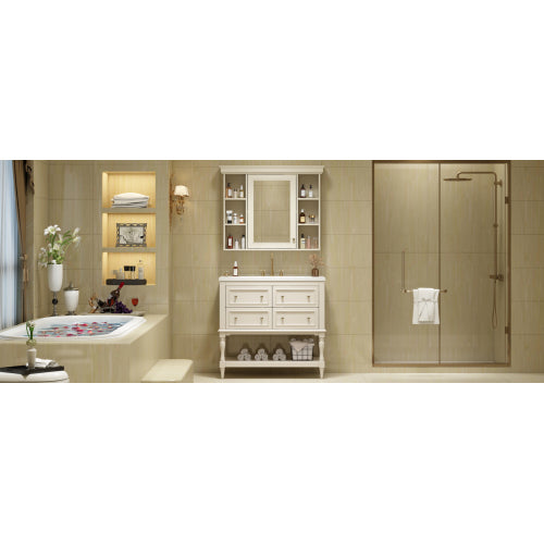 36'' Bathroom Vanity with Medicine Cabinet, Modern Mirror Cabinet with Adjustable Shelf, Bathroom Storage Cabinet with 4 Drawers, Solid Wood Frame Bathroom Storage Cabinet