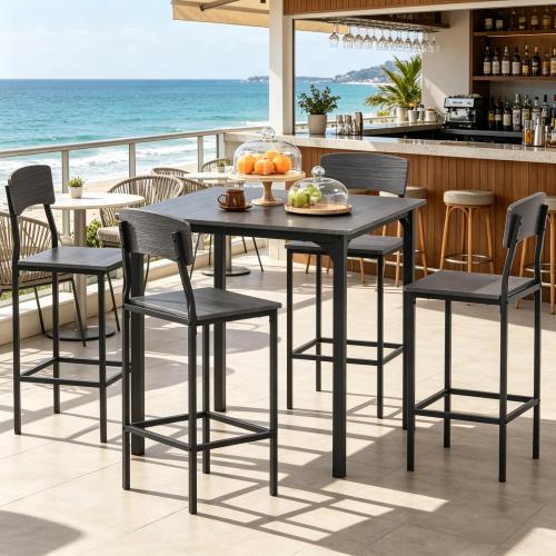 5-Piece Gray & Black Square Counter Height Dining Set, MDF & Steel Table with 4 Space-Saving Stools