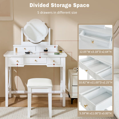 White Compact Vanity Table Set with Reversible Adjustable Mirror, 5 Drawer Storage & PU Cushioned Stool