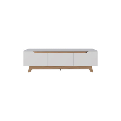 White and Natural Oak 65 inch TV Stand with Cabinets and Shelves