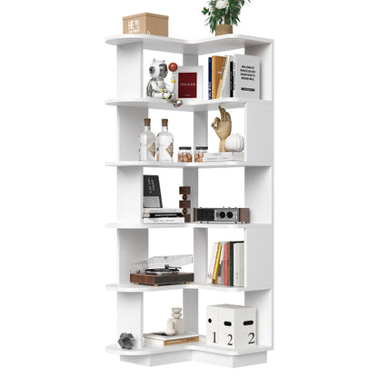 white 5-Tier L-Shaped Corner Bookshelf Freestanding Open Storage Shelf Home Office Space-Saving Display Rack