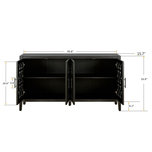 Antique Black Hollow Floral Four-Door Cabinet American Country Style Adjustable Layer Wooden Living Room TV Storage Cabinet