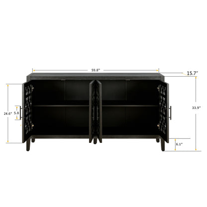 Antique Black Hollow Floral Four-Door Cabinet American Country Style Adjustable Layer Wooden Living Room TV Storage Cabinet
