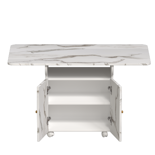 Folding Dining Table with Storage Cabinet Wheels and Marble Finish White