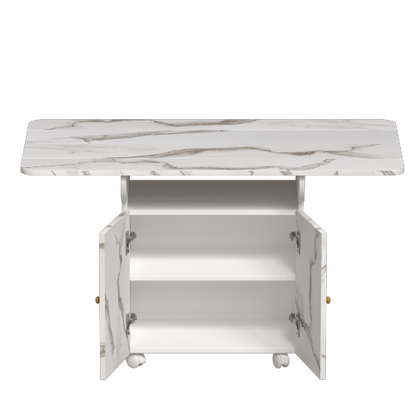 Folding Dining Table with Storage Cabinet Wheels and Marble Finish White