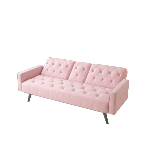 72-Inch Pink Velvet Convertible Sofa-Bed with Nail-Head Trim Dual Cup-Holders for Small-Space Living-Room