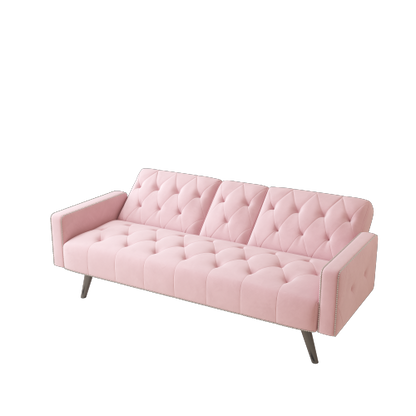 72-Inch Pink Velvet Convertible Sofa-Bed with Nail-Head Trim Dual Cup-Holders for Small-Space Living-Room