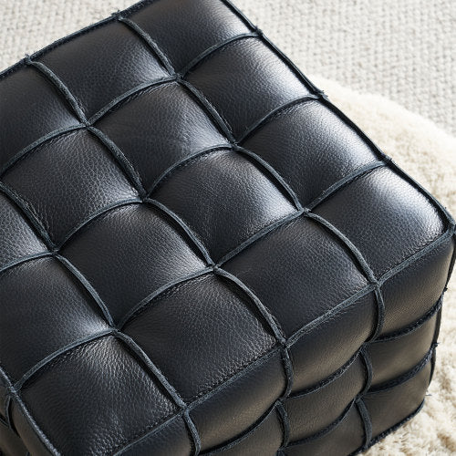 17.32 inch Genuine Leather Tufted Ottoman Footstool, Black
