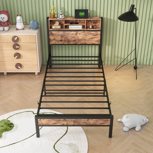 Twin Size Bed Frame with Storage Headboard, Metal Platform Bed with Charging Station,  Bookcase Storage, Easy Assembly