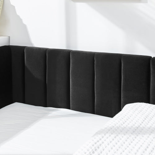Full Size Upholstered Tufted Bed Frame, Sofa Bed Frame with Comfortable Backrest and Armrests, Full Size Bed for Bedroom, Living Room,Velvet-Black(81inch *60inch *29.5inch )