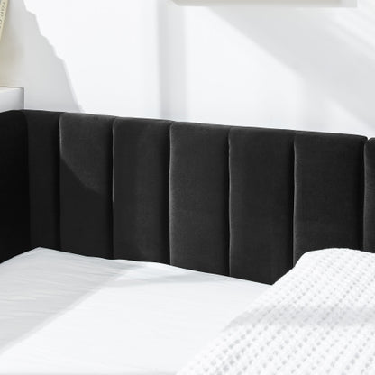 Full Size Upholstered Tufted Bed Frame, Sofa Bed Frame with Comfortable Backrest and Armrests, Full Size Bed for Bedroom, Living Room,Velvet-Black(81inch *60inch *29.5inch )