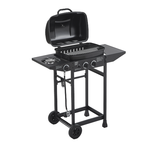 2 Burner BBQ Propane Gas Grill with Side Burner 24000 BTU Output Stainless Steel Barbecue Grill with Enameled Grates and Side Tables for Outdoor Cooking Kitchen and Patio Backyard