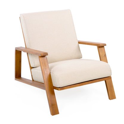 Patio Lounge Chair, Outdoor Club Chair with Beige Cushion and Teak Acacia Wood Frame