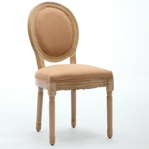 Set of 2 Tan French Solid Wood Antique Painted Linen Dining Chairs, Carved Frame 300 LBS Weight Limit