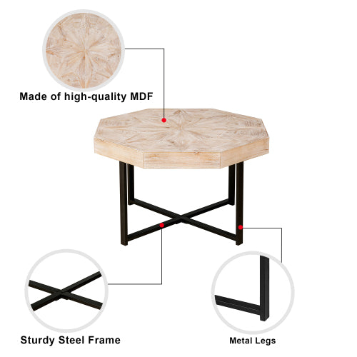 30 Inch Octagonal Patchwork Coffee Table, Antique Wood