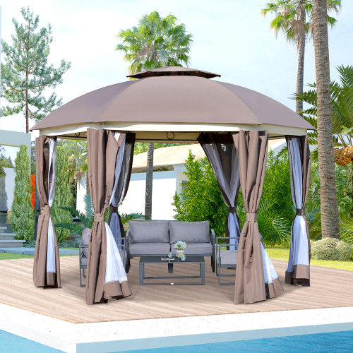 Outsunny 12' x 12' Round Outdoor Gazebo, Patio Dome Gazebo Canopy Shelter with Double Roof, Netting Sidewalls and Curtains, Zippered Doors, Strong Steel Frame, Brown