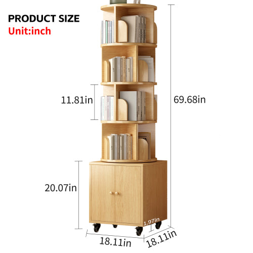 5-Tier Rotating Corner Bookshelf with Double Door Drawer, 360¡ã Revolving Wooden Home Storage Rack