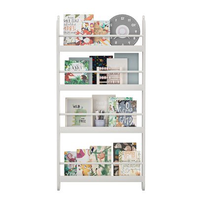 4-Tier Wall-Mounted Kids Bookshelf Anti-Tip Design High Safety Space-Saving Nursery Toy Book Organizer