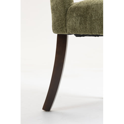 Set of 2 Green Tufted Chenille Dining Chairs, Curved Rubberwood Legs 300lbs Capacity Space Saving Design