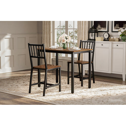 3-Piece Walnut Industrial Dining Set, Table & 2 Chairs
