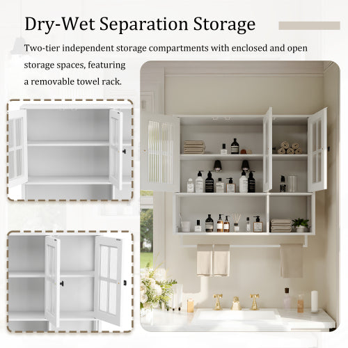 Bathroom Wall Cabinet, 3-Door Wooden Wall Cabinet with Open and Hidden Storage Space, Medicine Cabinet with Glass Door and Towel Bar for Entryway Living Room Bathroom Dining Room,White