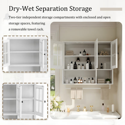 Bathroom Wall Cabinet, 3-Door Wooden Wall Cabinet with Open and Hidden Storage Space, Medicine Cabinet with Glass Door and Towel Bar for Entryway Living Room Bathroom Dining Room,White