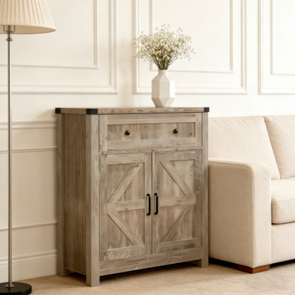 Light Gray-Washed Wood Farmhouse Barn-Door Storage Cabinet, Coffee Bar Buffet Sideboard with Drawer for Kitchen & Living Room