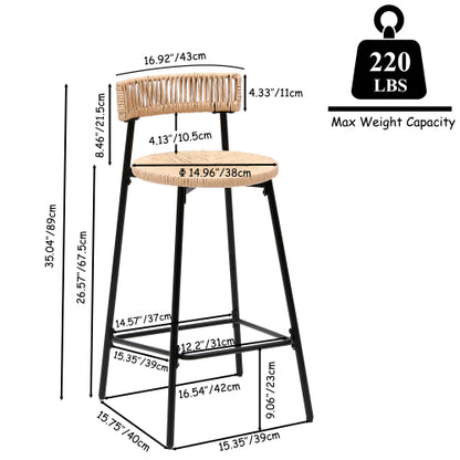 Hand Woven Bar Stools with Back Set of 2 Paper Rope Round Barstools with Footrest for Kitchen Island & Dining Rooms (Black & Honey)