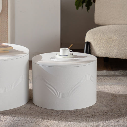 Set of 2 White Round Wavy MDF Coffee Tables with Hidden Storage, Fully Assembled for Living Room Bedroom