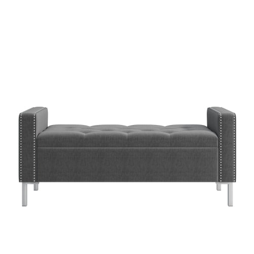 Square Arm Tufted Top Storage Bench Ottoman with Pewter Nailhead Trim in Plush Velvet in Charcoal Gray