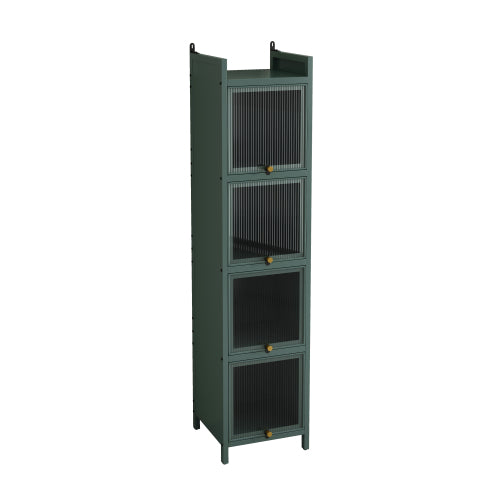 Dark Green Modern 5-Tier Storage Cabinet Iron Frame Fluted Glass Door Sideboard For Entryway Bathroom