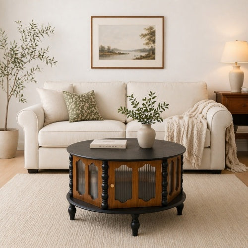 31.5inch  Black & Walnut Vintage Storage Coffee Table with Glass Doors