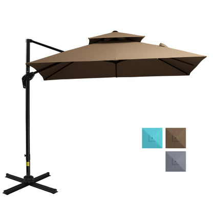 Outsunny 10ft Offset Patio Umbrella with Base, Double Top Hanging Aluminum Cantilever Umbrella with 360-degree Rotation, Easy Tilt, 8 Ribs, Crank, Cross Base, Cover, Strap, Coffee