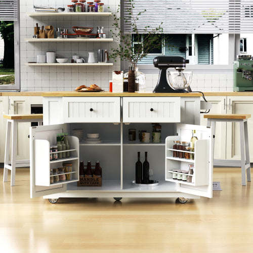48inch Kitchen Island with 2 Bar Stools, Power Outlet, Door Internal Storage Rack, Kitchen Storage Cart on 5 Wheels with Drop Leaf, 5 Side Racks, 2 Drawers,White