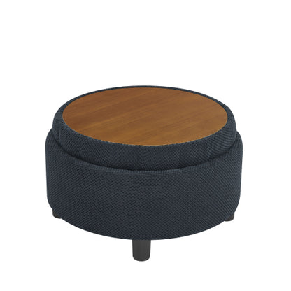 25 Inch Round Storage Ottoman, Black Tufted Fabric