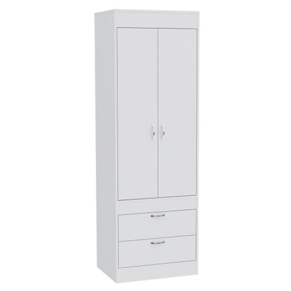 Armoire, Rod, Double Door, Two Drawers, Metal Handles White