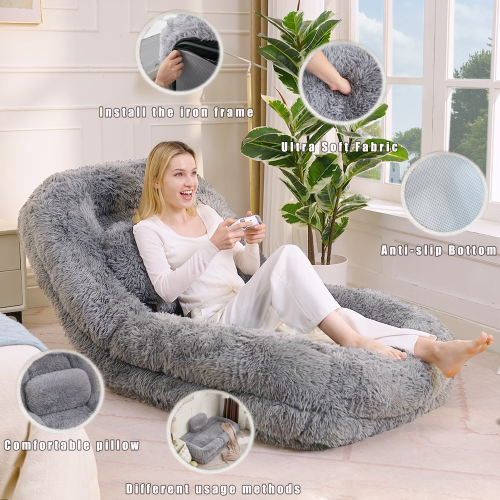 Light Gray 5-Position Adjustable Human-Size Floor Sofa Bed, Plush Faux Fur