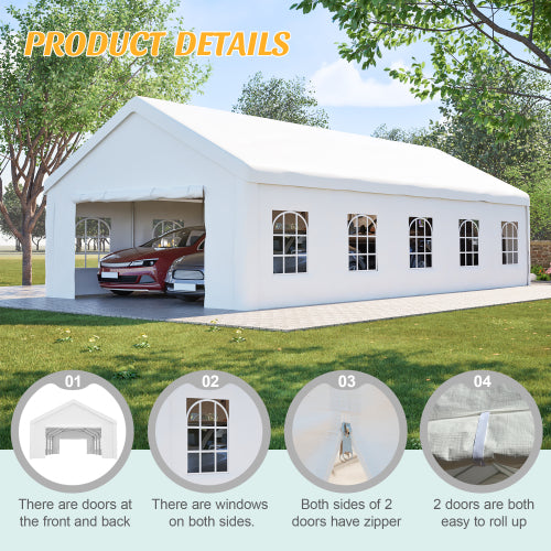 Carport Canopy 16x32 Heavy Duty, Portable Metal Carport Garage with Removable Waterproof Cover & Sidewalls, All Weather Outdoor Shelter for Cars, Trucks, Vehicles & Equipment