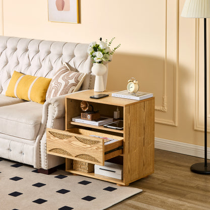 Mid Century Modern Rattan Nightstand with Charging Station USB Ports & Outlet Hole & 4 Solid Wood Bases, Farmhouse End Table with Open Space and Drawer Dresser, Natural