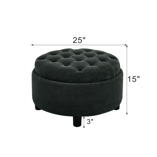 25 Inch Round Storage Ottoman, Black Tufted Fabric