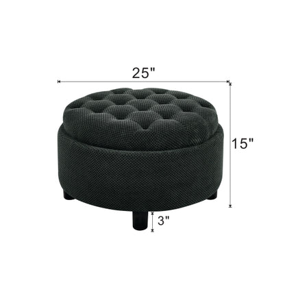25 Inch Round Storage Ottoman, Black Tufted Fabric